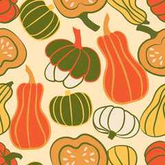 Bright pumpkin seamless pattern. Autumn repeating background. Squash endless print. Season ornament. Thanksgiving and Halloween wallpaper. Best for wrapping, textile, packaging, stationery, fabric.