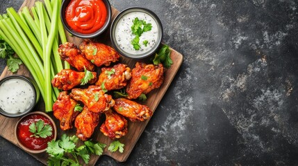 Buffalo chicken wings served with celery and dipping sauces including ranch and blue cheese Banner display