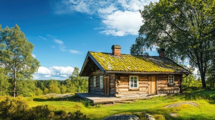 Charming wooden cabin with a mossy roof under a bright blue sky embodying a cozy retreat atmosphere