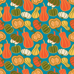 Bright pumpkin seamless pattern. Autumn repeating background. Squash endless print. Season ornament. Thanksgiving and Halloween wallpaper. Best for wrapping, textile, packaging, stationery, fabric.