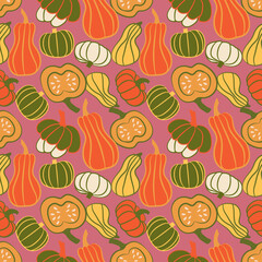 Bright pumpkin seamless pattern. Autumn repeating background. Squash endless print. Season ornament. Thanksgiving and Halloween wallpaper. Best for wrapping, textile, packaging, stationery, fabric.