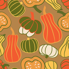 Bright pumpkin seamless pattern. Autumn repeating background. Squash endless print. Season ornament. Thanksgiving and Halloween wallpaper. Best for wrapping, textile, packaging, stationery, fabric.