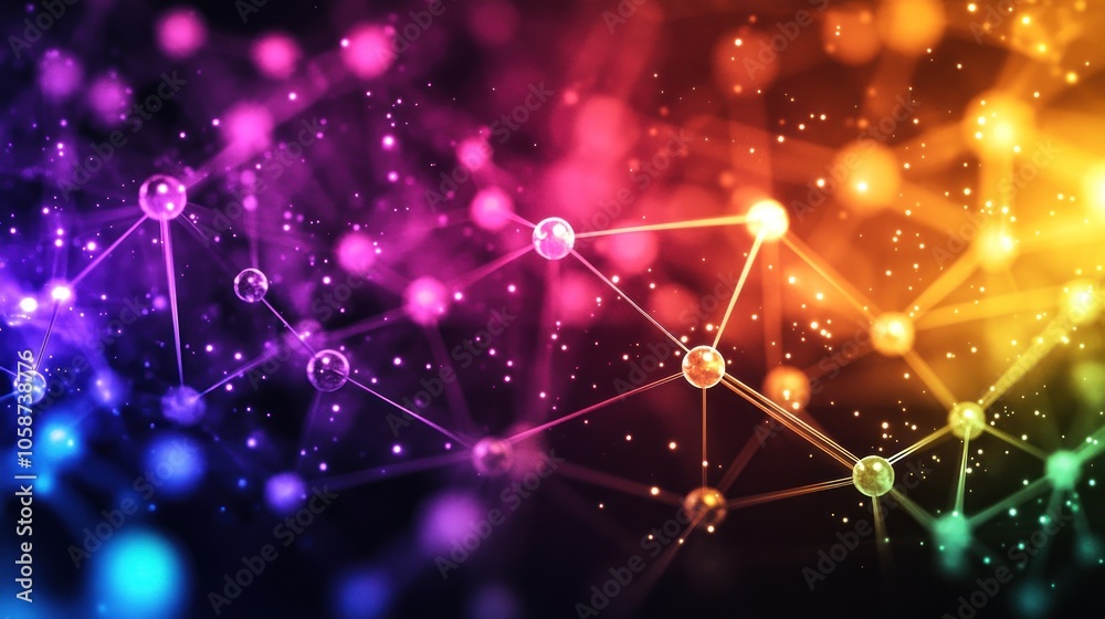 Wall mural abstract colorful network with glowing nodes and lines, futuristic technology background.