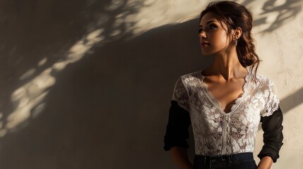 Fototapeta premium A woman wearing a white lace dress is standing in front of a wall