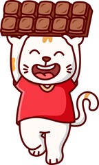 white cat holding a block of dark chocolate Vector Illustration Icon. Flat Cartoon Style
