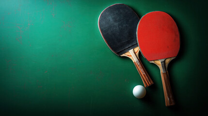 Two table tennis paddles, one with a black rubber and the other with a red rubber, are placed on a green surface next to a white ping pong ball.