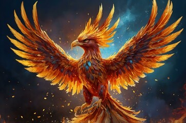 Obraz premium A stunning digital painting of a phoenix rising from the ashes, with fiery feathers in vivid shades of orange, red, and yellow. Symbolizing rebirth, it glows with an intense, mystical light.