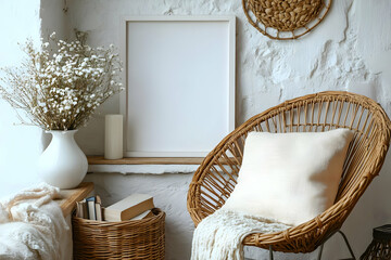 Photo - Cozy Reading Nook With Rattan Chair and Blank Frame
