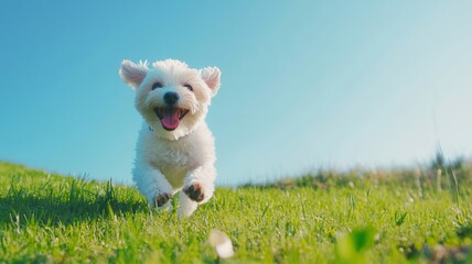 Portrait of Cheerful White Maltese dog running in green grass,beautiful dog breeds,Playtime and happy in the park,playful and happy moment,Puppy Pet friendly concept.