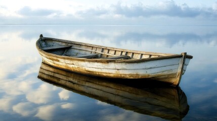 A weathered wooden rowboat sits still on a calm lake with a reflection of the sky and clouds.