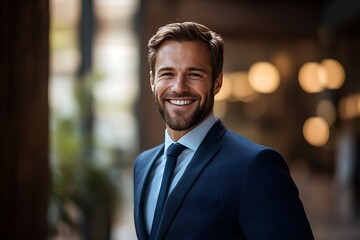 Obraz premium Confident Man in Navy Suit, Smiling Portrait with Natural Lighting