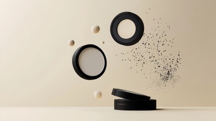 Set of Face Cosmetic Makeup Powder in Black Round flying in air on color background,Makeup brushes,cosmetic banner concept, pouch, eyeshadow palette, and powder compacts,Perfect look and beauty.
