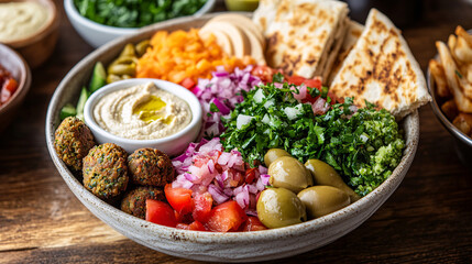 Falafel Bowl with Hummus, Pita Bread, and Salad