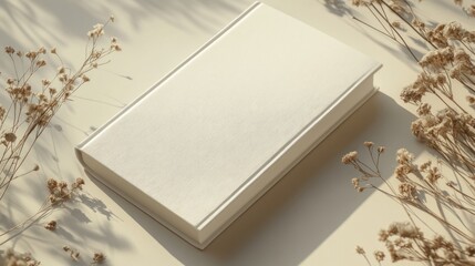 Fototapeta premium A blank white book with dried flowers and shadows on a neutral background.