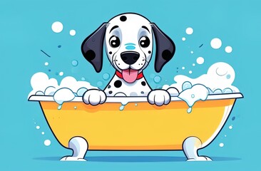 A cheerful poodle enjoying a spa bath with shampoo and soap, perfect for dog washing, illustrated in a charming cartoon style