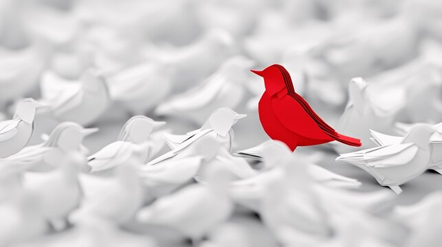 Red Paper Bird Stand Out of Crowd White Paper Birds, Standing Out Concept, Think Differently