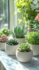 Succulent Plants Photo - Green Home Decor, Marble Windowsill