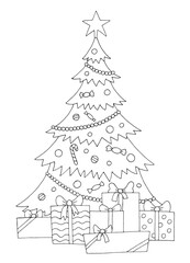 Christmas tree graphic black white New Year decor isolated sketch illustration vector 