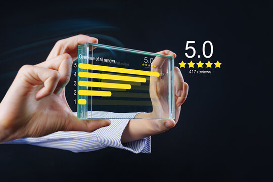  Customer review good rating concept, customer review by five star feedback, positive customer feedback testimonial.