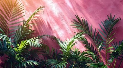 A vibrant pink wall backdrop with lush green palm leaves creating a tropical ambiance.