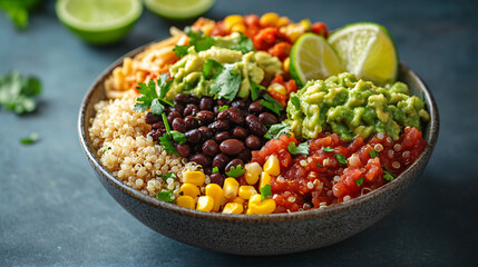 Healthy Vegetarian Quinoa Bowl with Guacamole, Black Beans, Corn, and Salsa