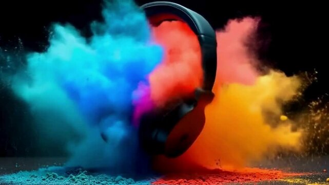 Headphones in paint powder explosion or color particles splash, realistic wallpaper or music background in 3D	