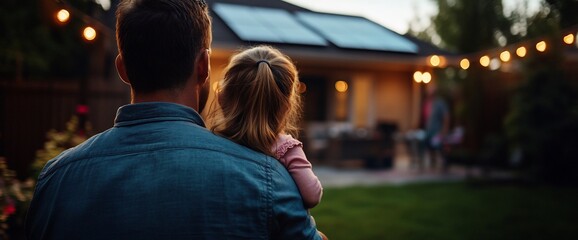 Naklejka premium Father holding his daughter in his arms while looking at a party in their backyard.