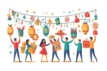 Fototapeta premium minimalist design of a Las Posadas celebration, clean lines and flat bright colors showing people carrying lanterns, festive decorations, and piñatas