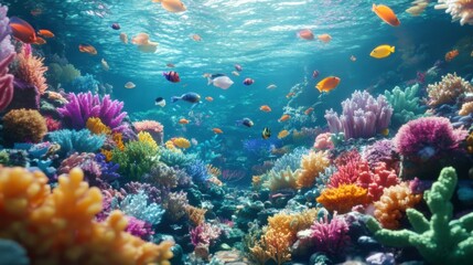 An imaginative illustration of a magical underwater world, with colorful coral reefs and schools of fish dancing around, creating a sense of wonder and adventure in a vibrant marine setting.