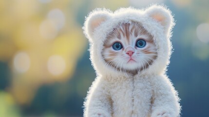 Fototapeta premium A small white cat wearing a white bear costume