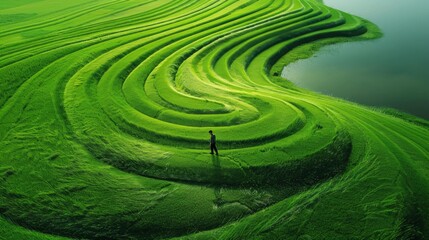 A man is standing in a field of green grass