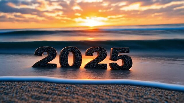 Sand with the words "2025" inscribed on it at sunset on a beach with roaring waves, a colorful sky, and striking clouds.