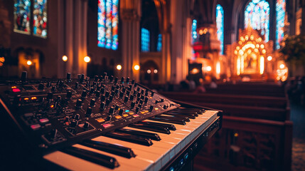 A vintage analog synthesizer with multiple knobs and switches is set inside a beautifully lit church, with blurred stained glass windows in the background