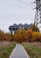 building hidden behind golden autumn trees on a cloudy day