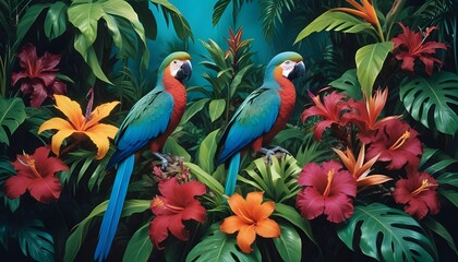 Tropical exotic pattern with animal and flowers in bright colors and lush vegetationn