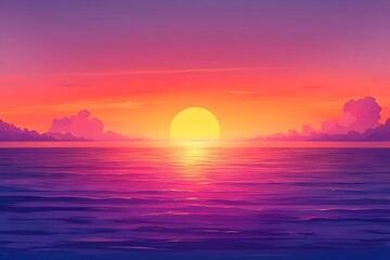 A breathtaking sunset over calm ocean waters, blending vibrant shades of purple, pink, and orange, creating a serene and tranquil atmosphere.