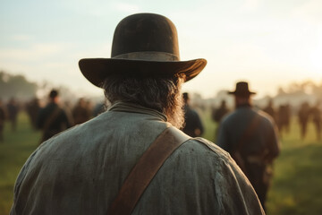 An individual wearing period attire stands with their back to the viewer, observing a gathering of soldiers in a grassy field at dawn as light begins to break.