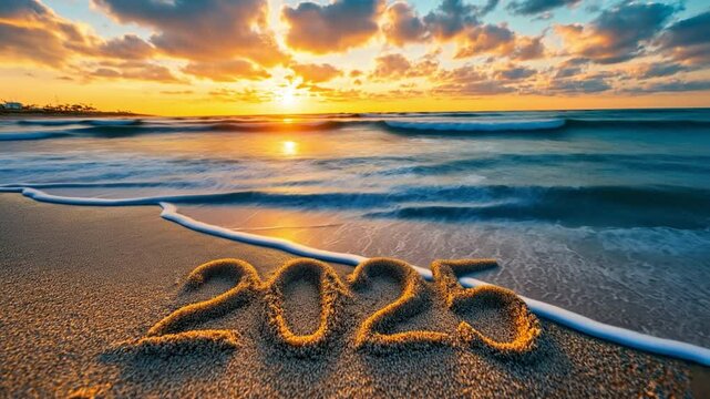 Sand with the words "2025" inscribed on it at sunset on a beach with roaring waves, a colorful sky, and striking clouds.