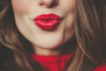 Fototapeta premium With glossy red lips pursed gently, the image captures a moment of playful elegance, enhanced by a warm sweater in soft knitted textures, evoking a festive spirit. Generative AI