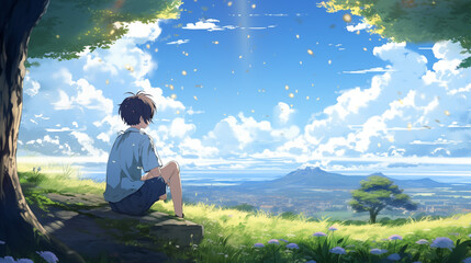 Fototapeta premium Young Boy Sitting on a Hillside with Beautiful Countryside View