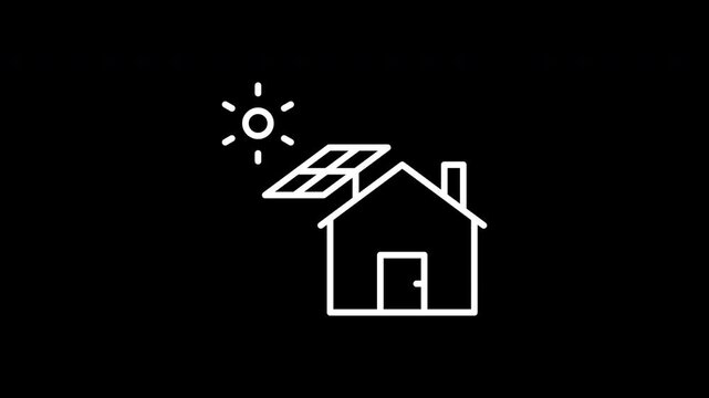 Solar panel on the house animated line icon. White color line icon animation. 4K video with transparent background