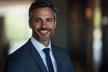 Confident Middle-Aged Man in Business Suit with Grey Hair Smiling