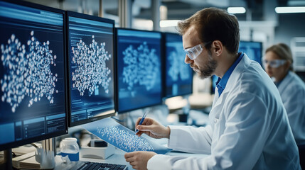 Scientist analyzing molecular structures on computer screens in a laboratory setting, wearing safety goggles and lab coat, working with data and graphs for research purposes.
