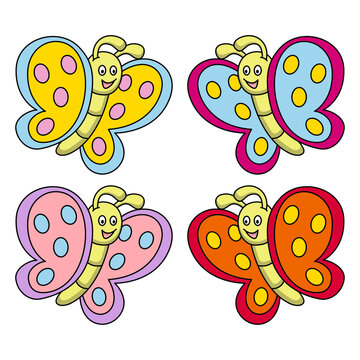 Farfalle multi colore che ridono. Disegno simpatico stile fumetto vettoriale editabile