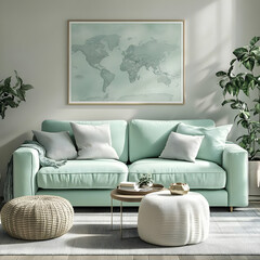 Illustration of Modern Living Room with Mint Sofa and World Map