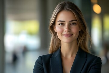 Naklejka premium Confident Woman in Black Blazer Looking at Camera
