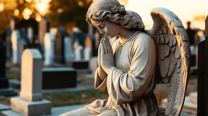 Stone angel statue with folded hands in prayer at a cemetery during sunset, surrounded by tombstones and blurred background.