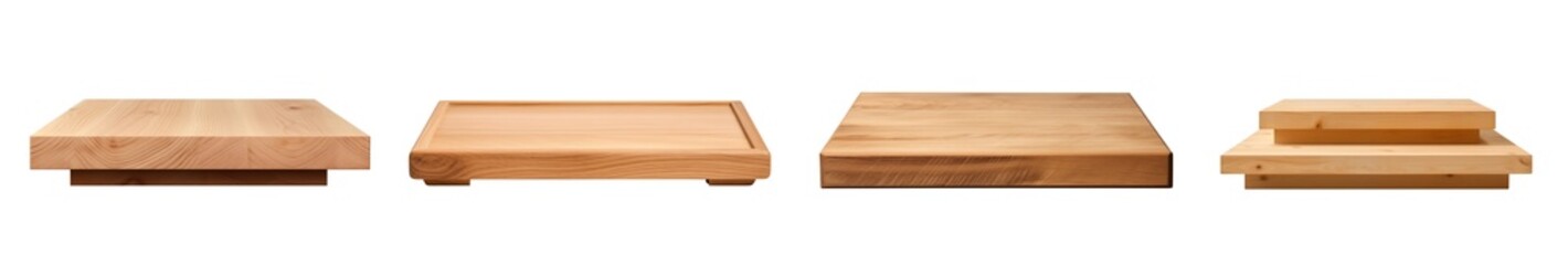 Collection of wooden display platforms in various styles and sizes with natural textures and finishes. Perfect for showcasing products or decor items, PNG cutout, transparent background.
