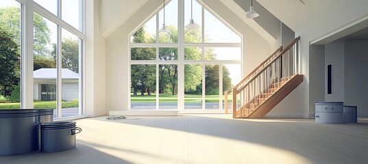 Fototapeta premium Bright, Open Floor Plan in New Home Construction, Ready for Interior Design and Finishing Touches