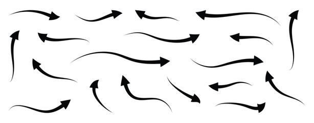 Set of curved arrows icon. Different arrow indicators symbols isolated vector illustration. Sign, Symbol, Hand drawn arrow collection.